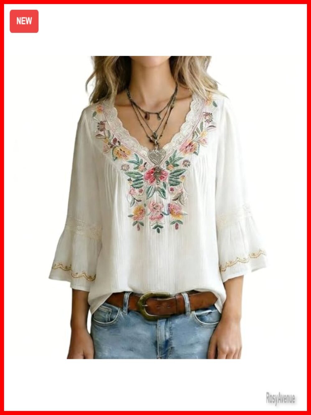 Vintage Floral Embroidery Lace Trim 3/4 Bell Sleeve Peasant Top